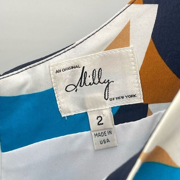 Milly Womens Geometric Dress Fit Flare Mini Sleeveless Scoopneck Lined Blue 2 - Picture 7 of 10
